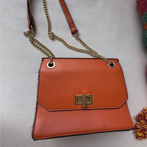 Women's Orange Leather Chain Shoulder Bag with Gold Hardware - Picture 2 of 6